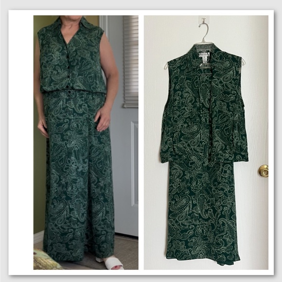 100% Silk Rena Rowan Green Paisley Sleeveless Blouse and Maxi Skirt Set 14W - Picture 1 of 12